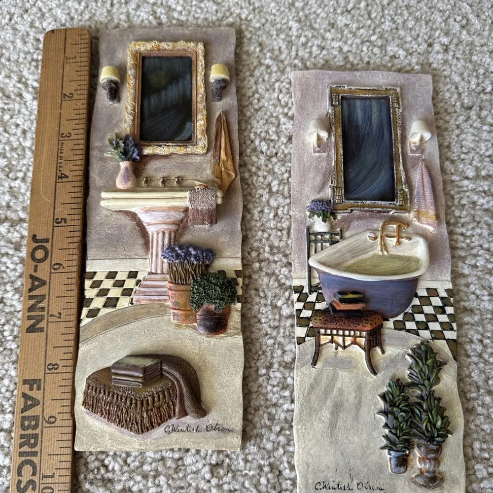 Vintage C. Winterle Olson 3D Bathroom Wall Art Plaque Set 1990s Relief Decor